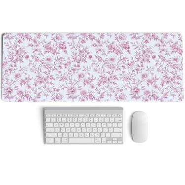 Imagem de PaJiaNi Tapete de mouse chinoiserie rosa, tapete de mesa floral vintage rosa e branco, GG grande flores vintage preppy mousepad, tapete de mesa para laptop feminino para dormitório, escritório em casa