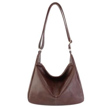 Imagem de Bolsas Hobo para mulheres, bolsa transversal de couro vegano macio com zíper, bolsa despojada de alça ajustável, Marrom, 13-14 in
