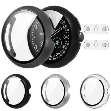 Imagem de Suoman Pacote com 4 capas para Google Pixel Watch 4 de 45 mm, protetor de tela de vidro temperado HD, capa protetora brilhante de policarbonato rígido [adicionar porta de carregador] para Pixel Watch