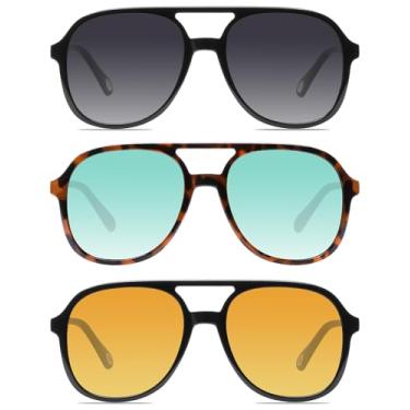 Imagem de YDAOWKN Óculos de sol aviador quadrados retrô para mulheres, masculinos, vintage, ponte dupla dos anos 70, 3 tons preto/cinza + marrom tartaruga/azul + preto/amarelo, 3 Pack