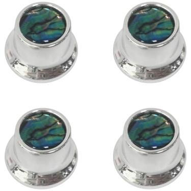 Imagem de Botões de guitarra cromados com incrustação de pérola, conjunto de 4 peças para baixo jazz, serve para potenciômetros de até 6 mm, chave hexagonal incluída para fácil configuração