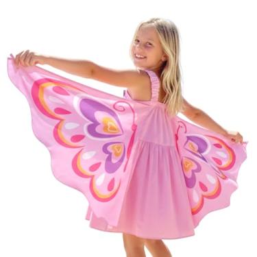 Imagem de WELAKEN Vestido infantil com asas de borboleta – Vestido de verão infantil de algodão sem mangas com bolsos, rosa, 6-7 Anos