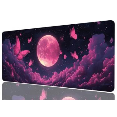 Imagem de Linda borboleta rosa estendida mouse pad lua gótica nuvens céu kawaii anime mousepad GG grande gaming mouse pad laptop teclado pad mesa escritório computador teclado laptop casa, 31,5 x 11,8 polegadas