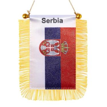 Imagem de JBSJBS Bandeira pendurada da Sérvia, mini bandeiras de janela de carro sérvias, banners, decoração de espelho retrovisor, bandeiras da Sérvia com ventosa, franjas douradas, dupla face, 7,6 x 12,7 cm