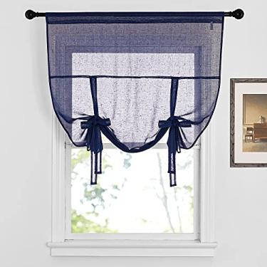 Imagem de Cortinas de amarrar para janelas - Cortina semitransparente de linho sintético filtro de luz de tratamento de janela de fazenda sombra balão para quarto/banheiro, L 106 x C 150 cm, azul escuro, 1 peça