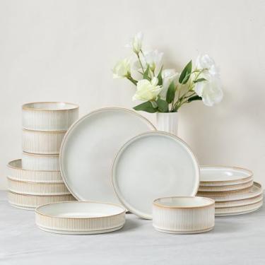 Imagem de E-far Conjunto de louça de 16 peças, pratos e tigelas com tigelas de massa, serviço para 4, pratos modernos com nervuras de grés para cozinha, seguro para micro-ondas e lava-louças, bege cremoso