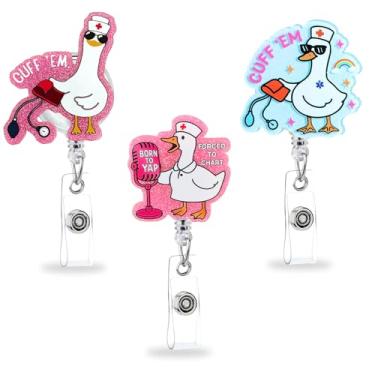 Imagem de Carretel de crachá engraçado de ganso silly goose 3 peças, carretel de crachá de enfermeira de ganso rosa fofo com clipe giratório de 360° e cordão retrátil de 59 cm para médicos e enfermeiros