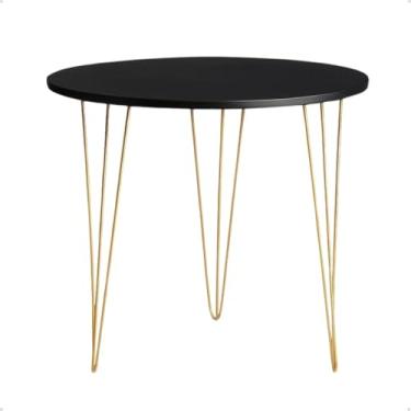Imagem de Mesa Classica Tripé Em MDF Na Cor Preto Redonda com 70cm Diâmetro E Pés Modelo Retrô Dourado 75cm Altura Top Para Ambientes Como Cozinha Bar Padaria Bistro Restaurante