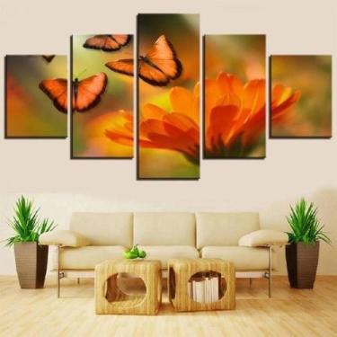 Imagem de Quadros Decorativos 5 Peças Flores Laranjas Borboletas - Olph Decor