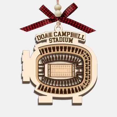 Imagem de CoCray66 Enfeite de madeira do estádio de futebol Tallahassee, ornamento de árvore de Natal de madeira de 4 camadas do estádio de futebol da Flórida com laço vermelho e contas, presente de lembrança