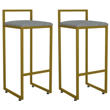 Imagem de Kit 02 Banquetas Alta Para Cozinha Sala De Jantar Hanna L02 Dourado Linho Cinza Escuro - Lyam Decor