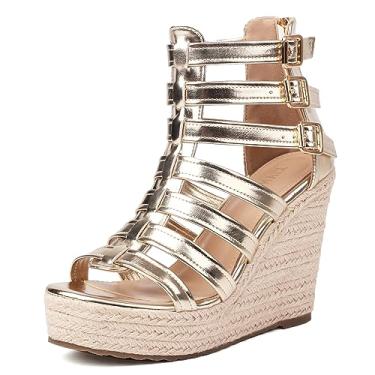 Imagem de XIANGZU Sandálias femininas plataforma plataforma de alpargatas de 10 cm tiras ajustáveis com zíper nas costas bico aberto verão férias elegantes salto plataforma, Dourado, 39