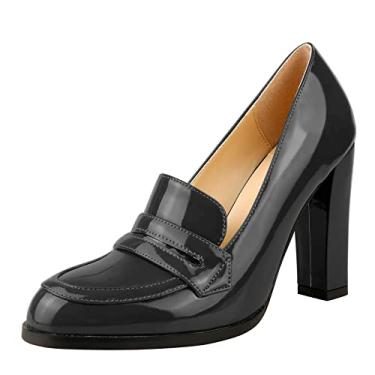 Imagem de Lutalica W Mocassim feminino feito à mão fechado bico redondo couro envernizado slip on elegante salto alto grosso sapato para festa de trabalho noite, Preto, 38