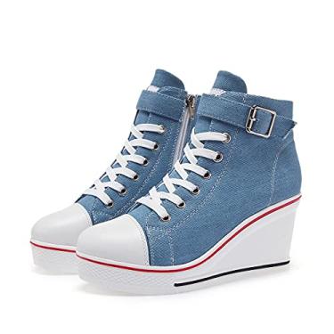 Imagem de Mei MACLEOD Tênis feminino de salto alto com zíper lateral/cadarço de lona para estudantes universitários, Azul, 35