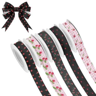 Imagem de SEHANY 5 rolos de fita de Natal 0,59 polegadas 5 jardas fitas de tecido cereja vermelha fitas de cetim festival fitas decorativas de Natal para embrulho de presente faça você mesmo artesanato grinalda