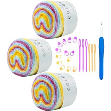 Imagem de Hobekoee Fio de bolo para crochê, fio de crochê colorido 3 x 100 g, 60% algodão, 30% acrílico, 10% lã, fio de algodão ombré gradiente macio para suéter de crochê, cobertor, luva