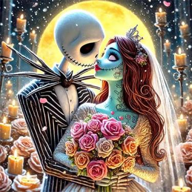 Imagem de Kits de pintura de arte de diamante de flor de Natal Jack e Sally Moon para adultos, kits de pintura de diamante para adultos iniciantes, kits de arte 5D faça você mesmo com pedras de diamante para