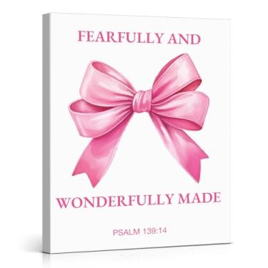 Imagem de Impressão artística de parede Christian Coquette Pink Bow Verso bíblico Fearfully and Wonderfully Made Poster Painting Pink Wall Decor for Home Women Bedroom Dorm 20x25 tela emoldurada