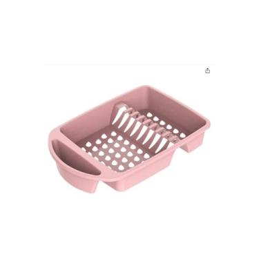 Imagem de Escorredor de Louças Rosa, Plástico, 43cm x 8cm, 9 Divisórias para Pratos, Espaço para Talheres e Utensílios, Design Compacto