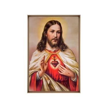 Imagem de Quadro Decorativo com Vidro Sala Hall Quarto 84x124cm Bege Coração de Jesus