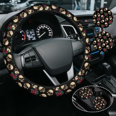 Imagem de Capa de volante engraçada de flor de crânio para mulheres e homens, acessórios de neoprene antiderrapante de alta elasticidade capas de volante, universal de 38 cm para carros, SUVS, inclui 2