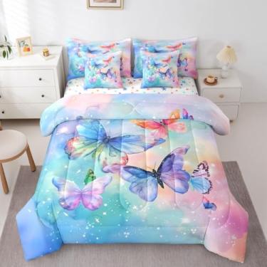 Imagem de Feelyou Conjunto de edredom fofo de borboleta com 7 peças, solteiro, estampa de borboletas, para crianças, meninos, meninas, com glitter, colorido, em uma bolsa, decoração de quarto de princesa
