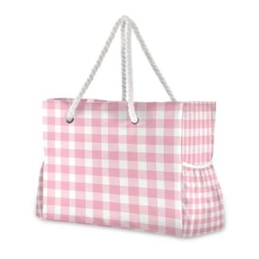 Imagem de Wassud Bolsa de praia bonita xadrez grande bolsa de praia para mulheres, impermeável, à prova de areia, bolsa de viagem com zíper e bolso para piscina academia acampamento