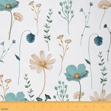 Imagem de Tecido floral aquarela da Yard Tecido de estofamento de flor bege azul-petróleo moderno minimalista impermeável para cama ao ar livre projetos DIY ramos pastorais decoração estética, 5 jardas