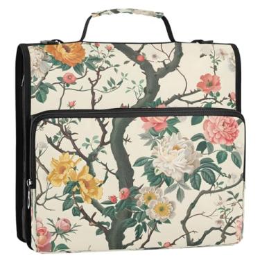 Imagem de CEBUGI Fichário de 3 anéis com zíper com alça de ombro, pasta de arquivo expansível de 3,8 cm, anéis D, para escola, escritório, flores, árvores com flores