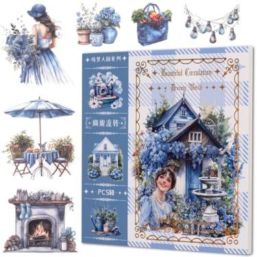 Imagem de YagCu Adesivos Garden Junk Journal, 50 folhas Washi Journaling adesivo, suprimentos para scrapbook, scrapbook aquarela para adultos, artesanato de artes efêmeras decorativas azuis