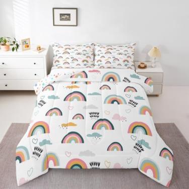 Imagem de Erosebridal Conjunto De Cama Arco-Íris Para Crianças E Meninas, Edredom Rosa Com Corações, Tamanho Duplo, Desenho Animado, Nuvem, Listras Geométricas, Meninos, Crianças, Mulheres, Aquarela, Arte, Co