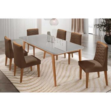 Imagem de Sala Jantar Mesa Havana Tampo c/ Vidro Curvo 180cm+6 Cadeiras Maldivas Madeira Naturale/Off White - Capuccino/Suede Marrom - Rufato