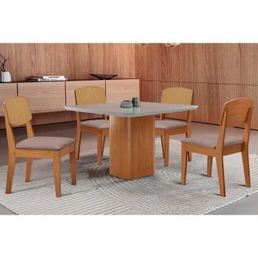 Imagem de Sala Jantar Mesa Maldivas Tampo c/ Vidro Curvo 90cm+4 Cadeiras Havana Naturale/Off White - Linho Capuccino - Rufato