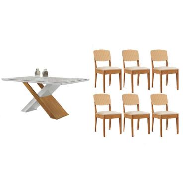 Imagem de Sala Jantar Mesa Imperatriz Tampo c/ Vidro Curvo 180cm+6 Cadeiras Havana Naturale/Off White - Suede Creme - Rufato