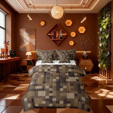 Imagem de Conjunto de cama Sandbox Pixelated Kids tamanho solteiro, jogo de cama com estampa camuflada do exército, 7 peças, gamepad de desenho animado para todas as estações, marrom (elástico + lençol + 2
