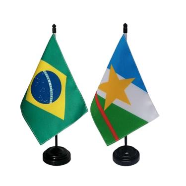 Imagem de Kit Bandeira de Mesa Brasil e Roraima, Dupla Face, 19x13cm, Base Plástica Preta, Altura 26cm, Tecido Oxford, Decorativa para Escritório e Eventos