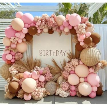 Imagem de Guirlanda de balões rosa marrom com enchimento duplo de látex cacau rosa claro balões brancos boho kit de arco de balão tamanho diferente para revelação de gênero, chá de bebê, casamento, dia dos