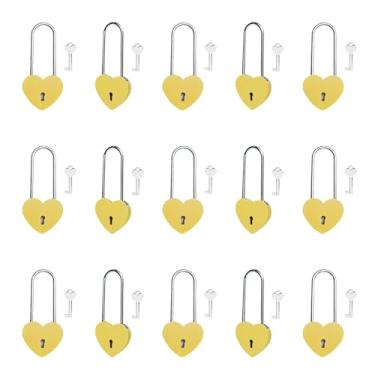 Imagem de Gradleen 15 unidades de cadeado de coração único com chave de 8 cm, cadeado de amor de 50 mm, pintura de borracha, cadeado de amor de metal amarelo para ponte Lovelock, caixa de cartão, caixa de joias