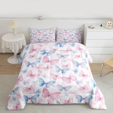 Imagem de jejeloiu Jogo de cama solteiro com borboleta, rosa, azul, para crianças, adolescentes, elegante, borboletas, sonhador, lindo, decoração de quarto, 2 peças com 1 fronha