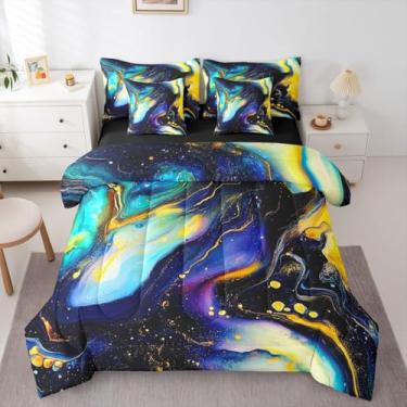 Imagem de Erosebridal Conjunto de edredom de mármore colorido, preto, azul-petróleo, tamanho Queen, 7 peças | Jogo de cama ombré, arte abstrata, estética e arte abstrata, galáxia brilhante para adultos