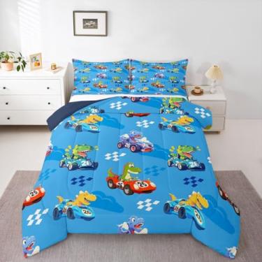 Imagem de jejeloiu Conjunto de cama de dinossauro, macio, para meninos e meninas, tamanho duplo, carro de corrida, edredom de microfibra, 2 peças com 1 fronha