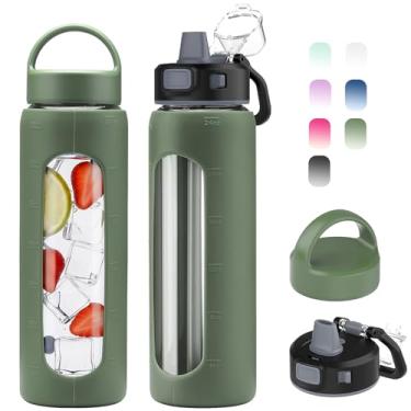 Imagem de Kodrine Garrafa de água de vidro de 680 g com canudo - 2 tampas - Garrafa de vidro de ingestão diária reutilizável de água com medidas, manga de silicone, marcador de tempo, compatível com porta-copos