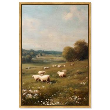 Imagem de Decoração de parede de fazenda com impressão em tela Sheepscape por Art Remedy, moldura dourada, 40 x 61 cm