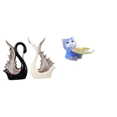 Imagem de Whtkoph Elegantes Estatuetas de Cisne E Gato, Coleção de Esculturas em Resina Cerâmica para Decoração de Casa, Presente de Aniversário, Prateleira, Armário, M