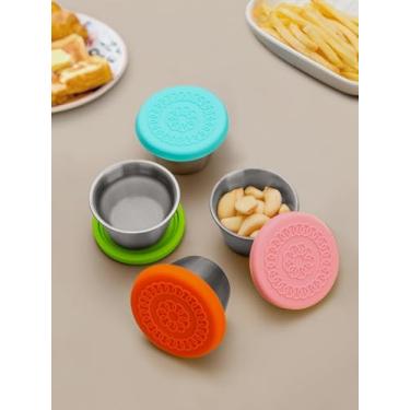 Imagem de Pacote com 4 recipientes de molho de salada de 68 g, copos de aço inoxidável à prova de vazamento com tampas de silicone, recipientes reutilizáveis para condimentos para viagem, almoço, piquenique