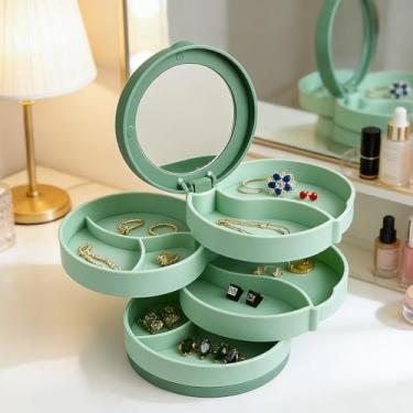 Imagem de Organizador giratório de joias com espelho, caixa de armazenamento de joias de mesa de 4 camadas para cômoda, uso de brincos, verde