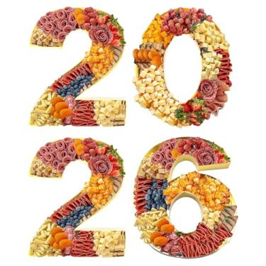 Imagem de Bandeja com números de charcutaria de ano novo 2026, recipiente preenchível de papelão de 30 cm, decoração de festa, suporte de petisco de formatura (dourado, 38 cm)