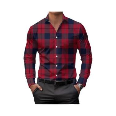 Imagem de Camisa Casual Masculina Com Estampa Xadrez Clássica, Gola Lapela, Mang