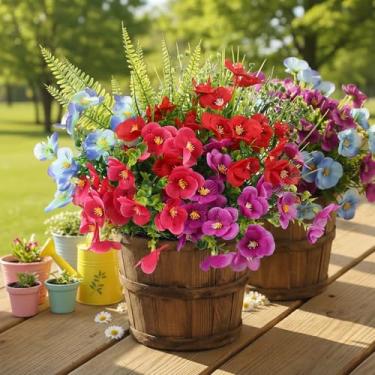 Imagem de Maysing 22 pacotes de flores artificiais para decoração ao ar livre, 4 estilos de decorações de plantas artificiais com amor-perfeito, folhas persas, grama, sinos de pendurar para janela, pátio