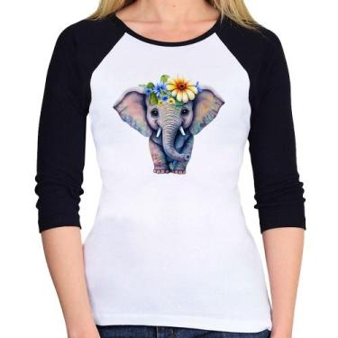 Imagem de Baby Look Raglan Elefante E Flores Manga 3/4 - Foca na Moda, Branco, P